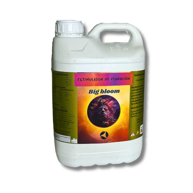 Botella blanca de Big Bloom con etiqueta naranja y verde, un estimulador de floración diseñado para potenciar el crecimiento de cogollos grandes, resinosos y compactos en las plantas.