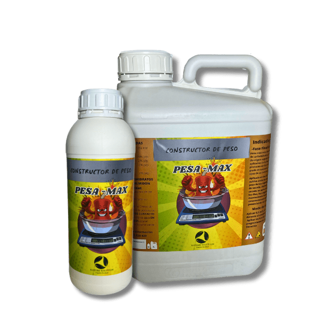 Botella blanca de Pesa-Max con etiqueta verde y naranja, constructor de peso para plantas, formulado con carbohidratos, ácidos orgánicos y almidón para maximizar el peso y volumen de los cogollos durante la fase de floración.
