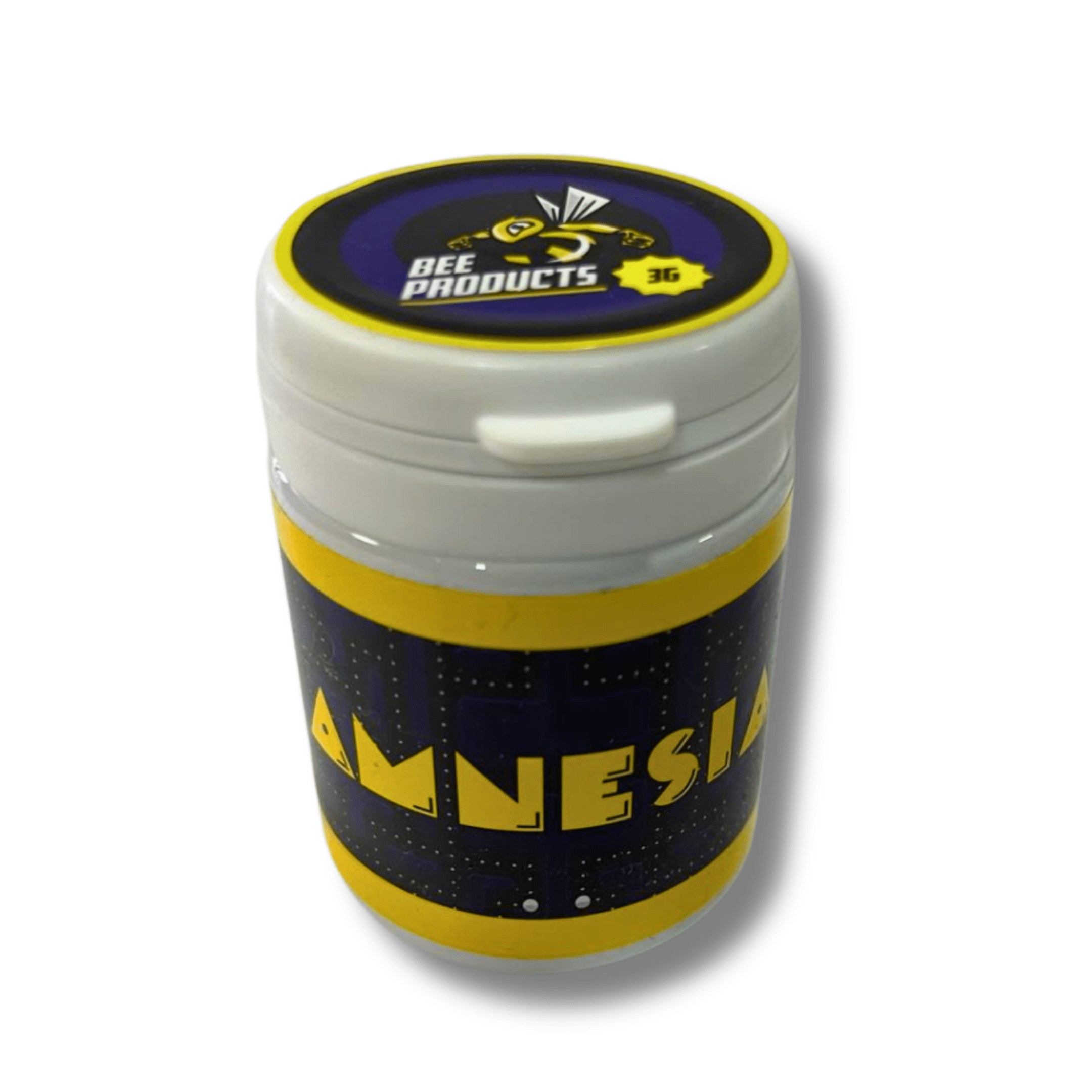 Frasco de Amnesia CBD de Bee Products, con diseño colorido y etiqueta que resalta el nombre 'Amnesia'. El frasco tiene una tapa blanca y un fondo de etiqueta en tonos oscuros con detalles amarillos