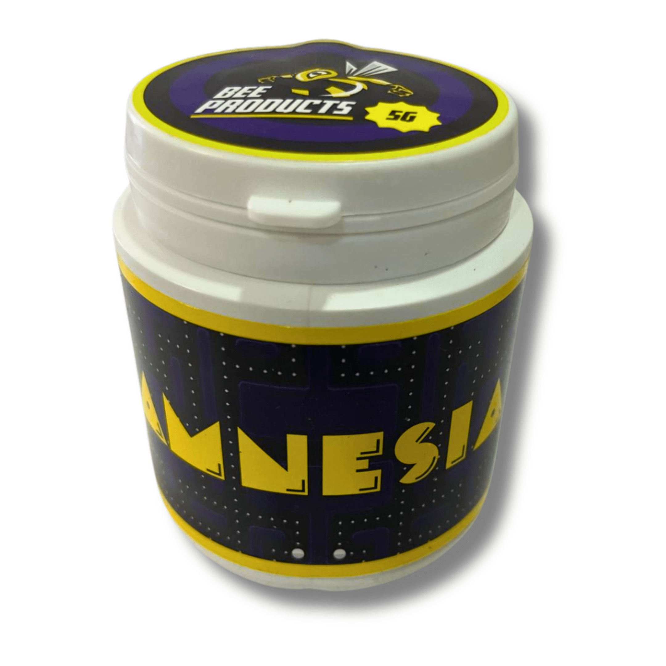 Frasco de Amnesia CBD de Bee Products, con diseño colorido y etiqueta que resalta el nombre 'Amnesia'. El frasco tiene una tapa blanca y un fondo de etiqueta en tonos oscuros con detalles amarillos