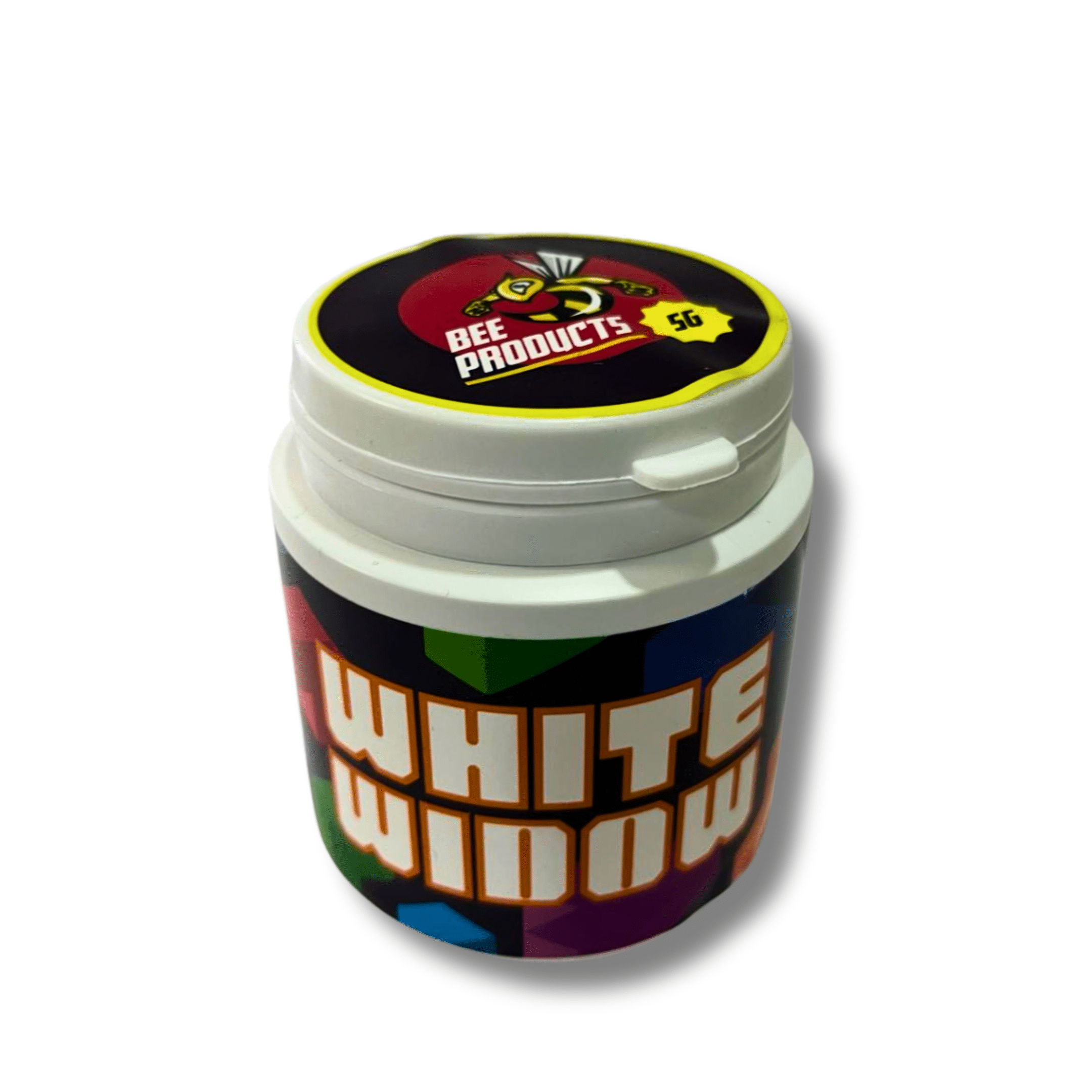 Envase de Flor de CBD White Widow de Bee Products, con diseƱo colorido y tapa blanca.