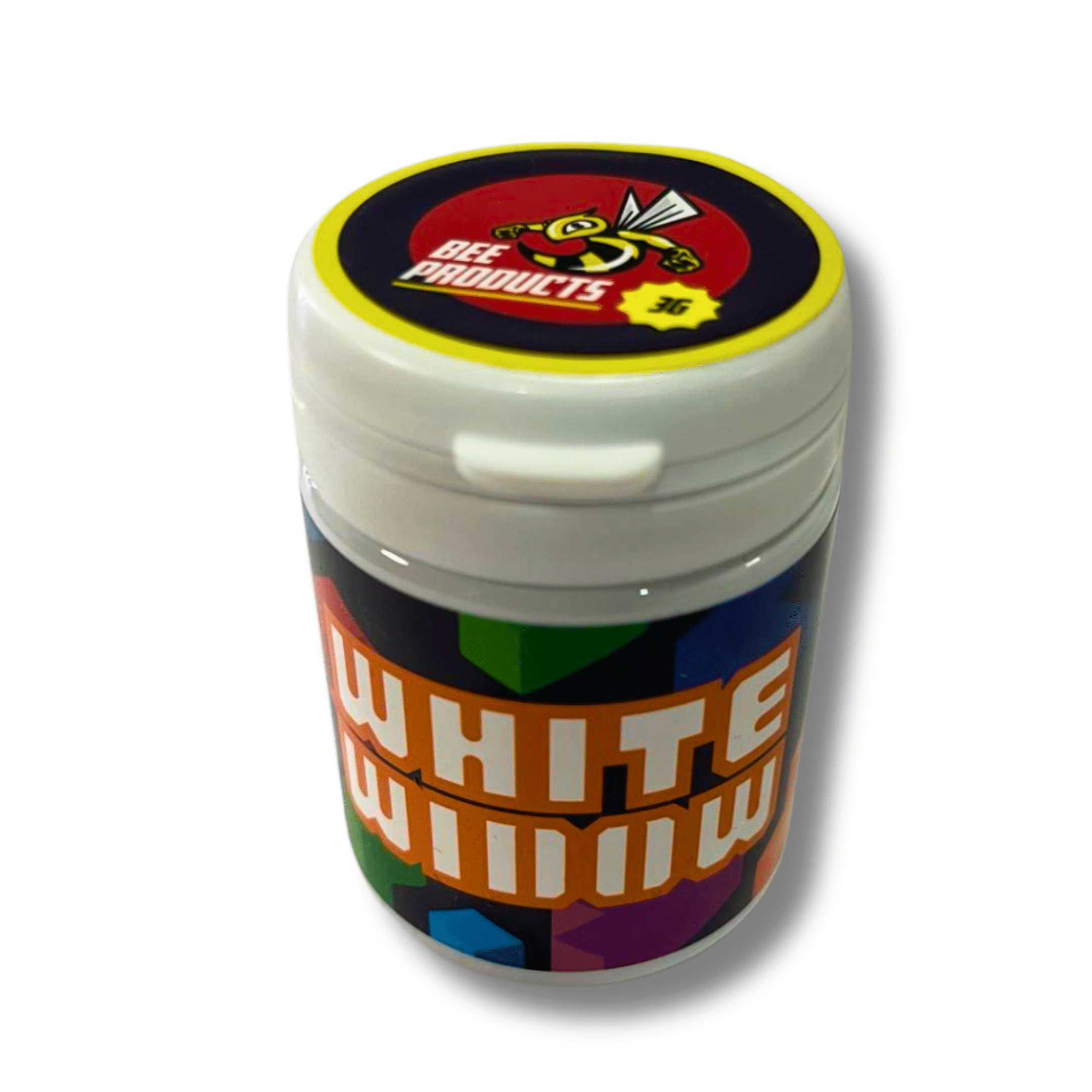 Envase de Flor de CBD White Widow de Bee Products, con diseƱo colorido y tapa blanca.