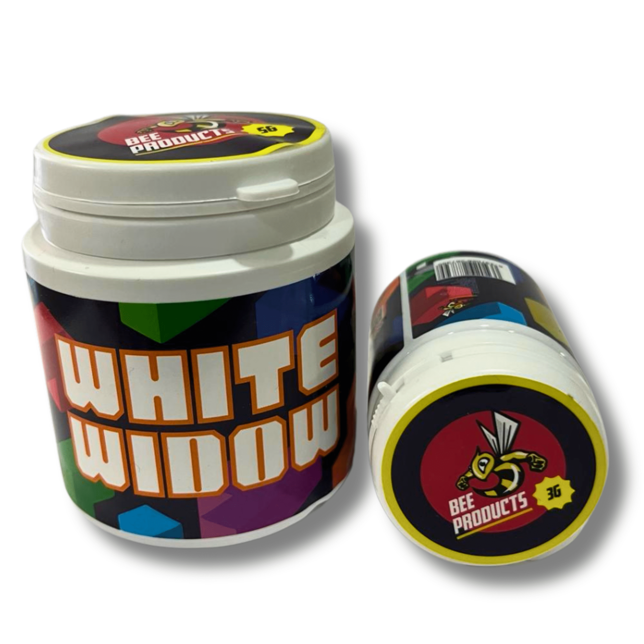 Envase de Flor de CBD White Widow de Bee Products, con diseƱo colorido y tapa blanca.
